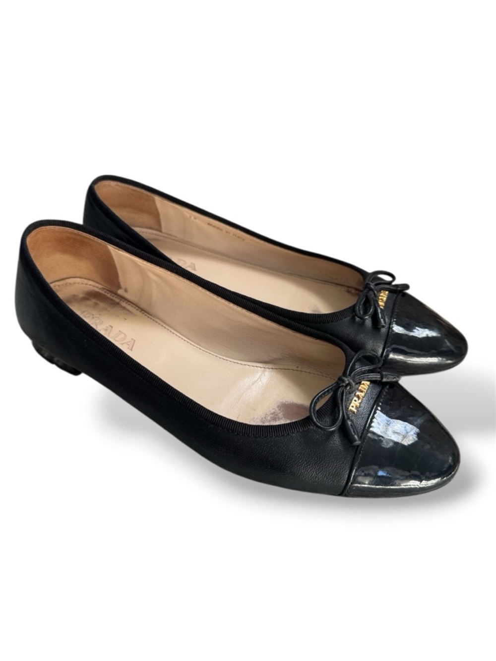 Prada Black Leather Ballet Flats with Patent Cap Toe